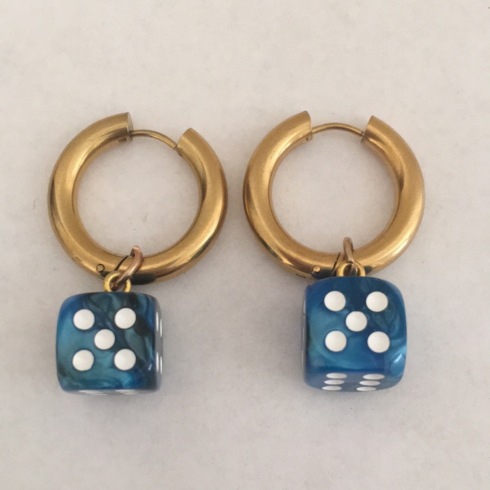 18k Gold Plated Hoop Earrings with Blue Dice Charms